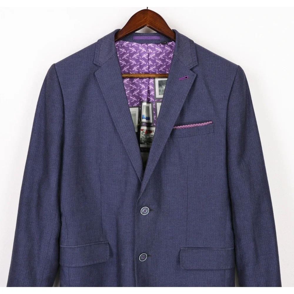Ted Baker Blazer Sport Coat Size 3 (38) Blue Linen Cotton Purple Lining Popping